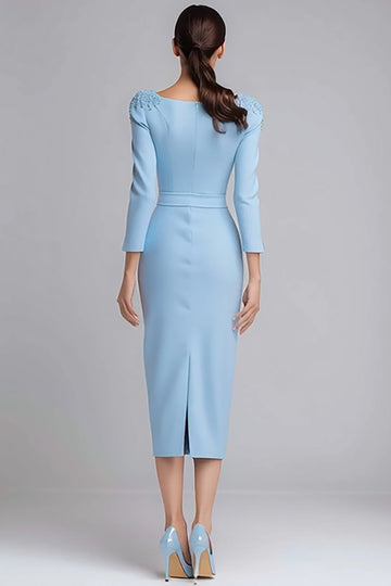 Sheath Light Blue Satin Midi Work Dress